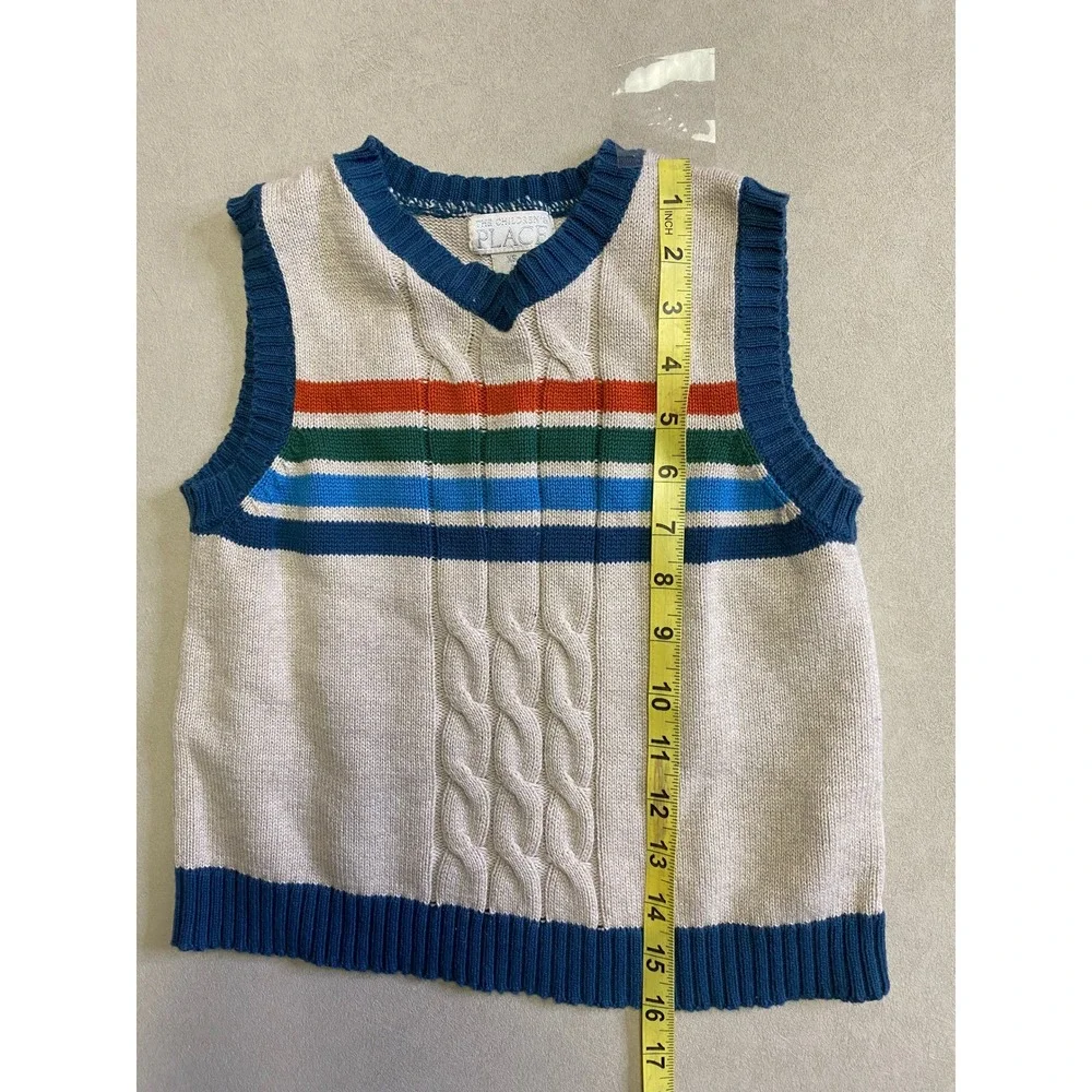 The Childrens Place Boys XS 4 Cable Knit Striped V-Neck Sweater Vest Beige Blue